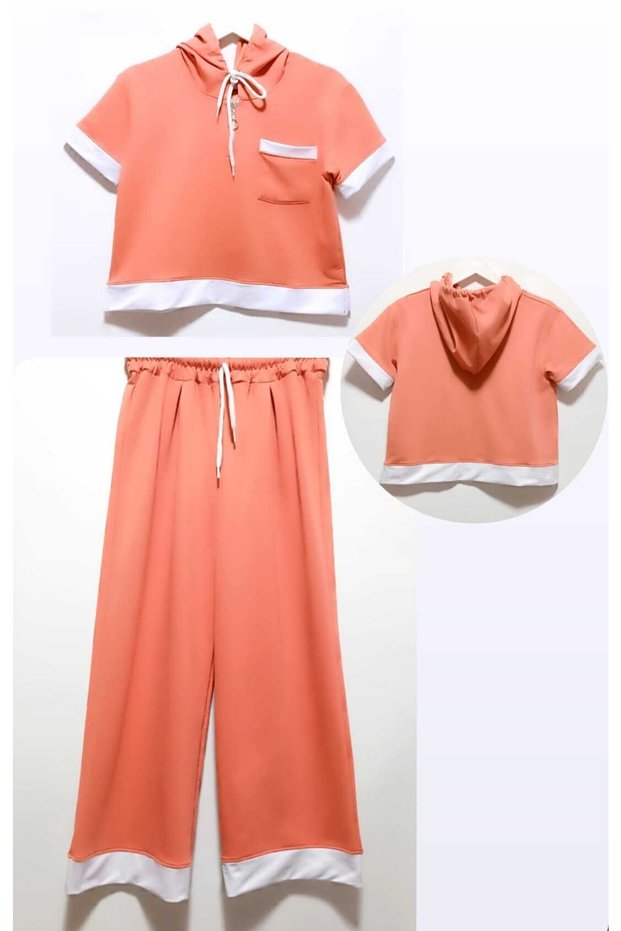 Salmon Color Top Hooded Half Zipper Trousers Wide Leg Girl's 2-Piece Set