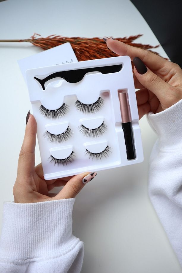 Manyetik Kirpik Mıknatıslı Kirpik Gerçek Görünümlü 3 Çift Eyeliner Cımbız Seti Takma Kiprik - 3