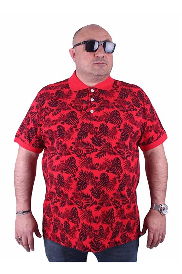 Large Size Polo Neck T-Shirt Hawaiian Pattern 23412 Red