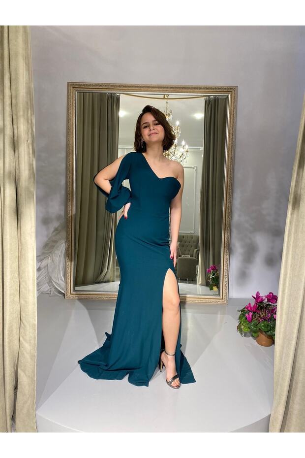 Yırtmaçlı Tek Kol Krep Elbise - 7