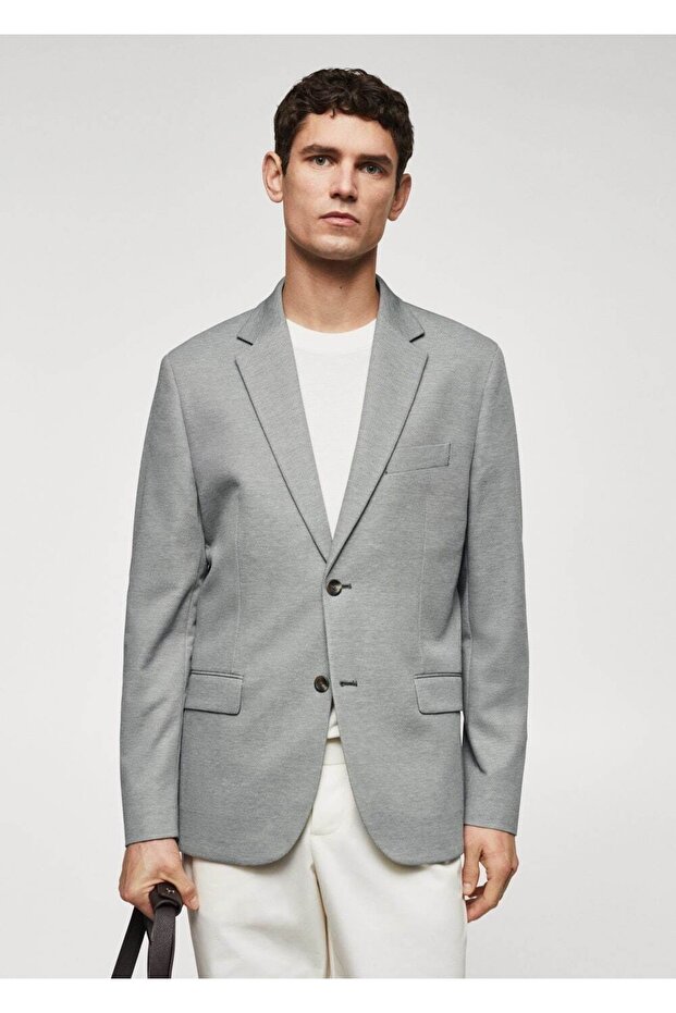 Dar Kesimli Mini Dokuma Blazer Ceket - 1