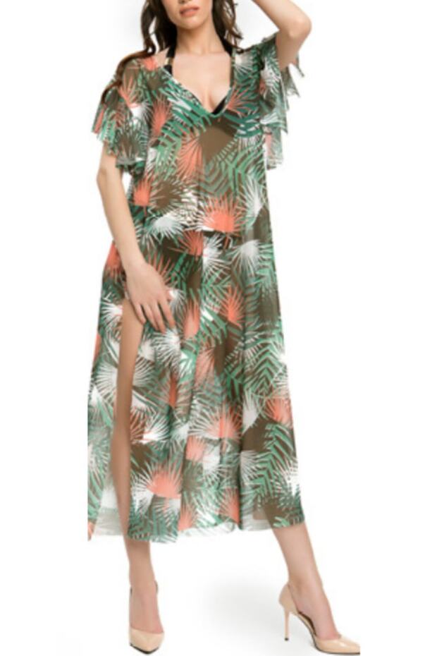 Women's Green Side Slit Pareo / Green-coral