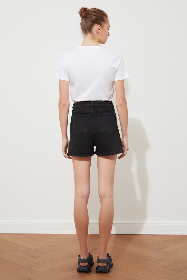 Siyah More Sustainable Yüksek Bel City Boy Comfort/Esnek Denim Şort TWOSS20SR0210 - 8
