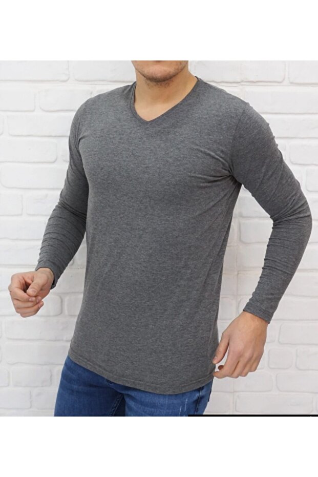 Men's V-neck Anthracite Long Sleeve T-shirt