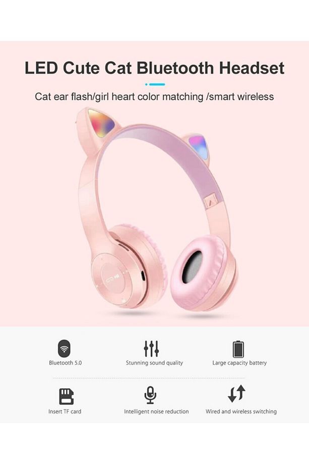 P47m Kedili Katlanabilir Kulak Üstü Kablosuz Bluetooth 5.0 Kulaklık Ledli Genç Kız Açık Mavi - 4