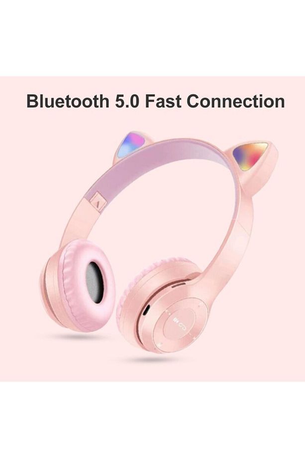 P47m Kedili Katlanabilir Kulak Üstü Kablosuz Bluetooth 5.0 Kulaklık Ledli Genç Kız Açık Mavi - 7