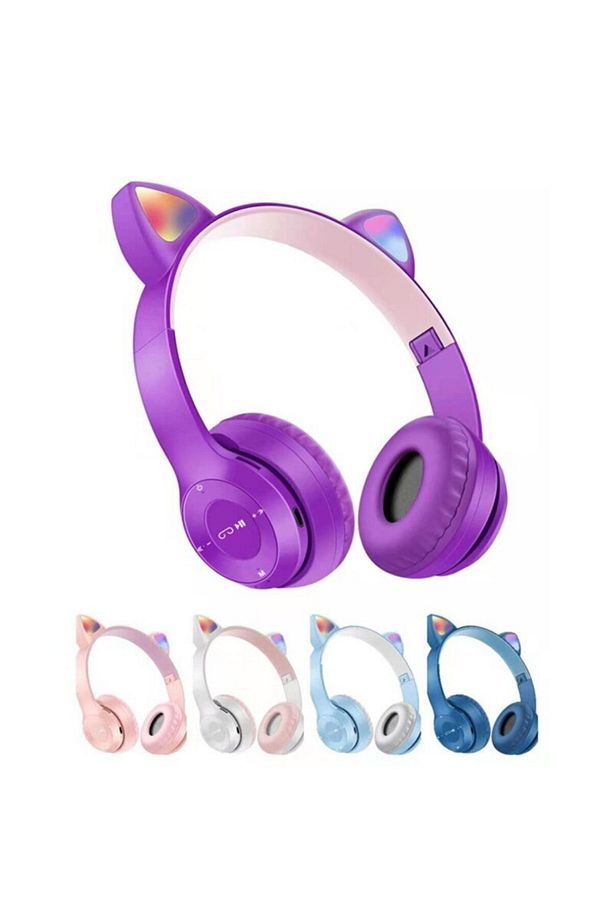 P47m Kedili Katlanabilir Kulak Üstü Kablosuz Bluetooth 5.0 Kulaklık Ledli Genç Kız Açık Mavi - 8