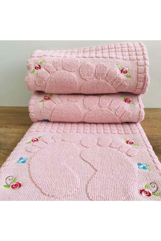 3 Adet Pudra Renk Nakışlı Ayak Havlusu %100 Pamuk Ölçü:50x70 - 1