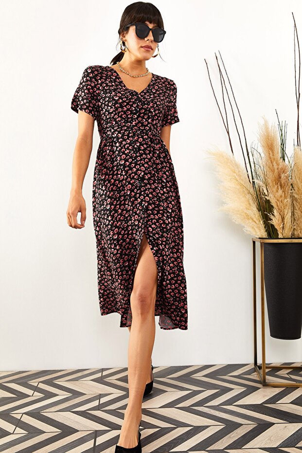 Women's Black-Powder Front Belted Buttoned Shirt Dress ELB-19001430