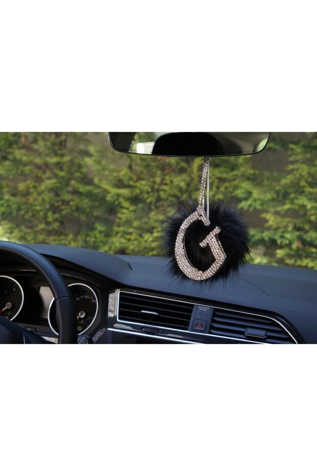 I Silver Stone Rear View Mirror Pendant Ornament Black Feathered Letter g