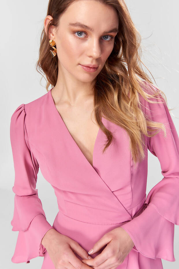 Gül Kurusu Fırfırlı Kruvaze Elbise TOFSS18LL0035 - 2