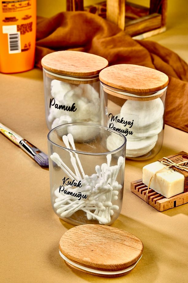 3'lü Ahsap Kapaklı Kulak Pamuğu & Pamuk & Makyaj Pamuğu Saklama Kutusu - Organizeri 400 Ml Akrilik - 3