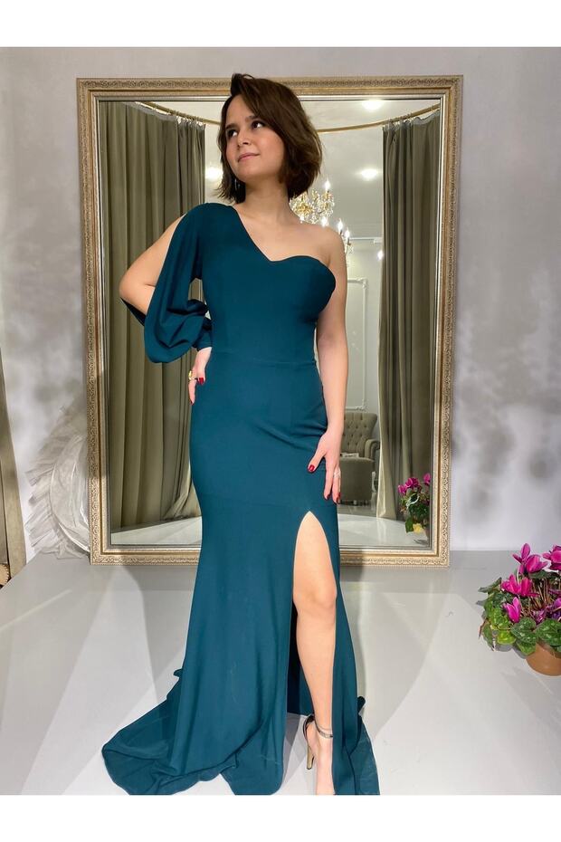 Yırtmaçlı Tek Kol Krep Elbise - 6