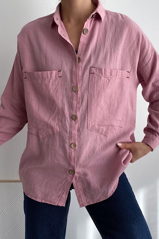 Women's Dusty Rose Wooden Button Casual Boyfriend Pattern Cotton Linen Shirt 65% Cotton 35% Linen