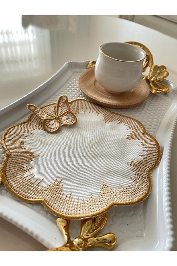 6-Piece Butterfly Detailed Embroidery Linen Coffee Presentation Napkin