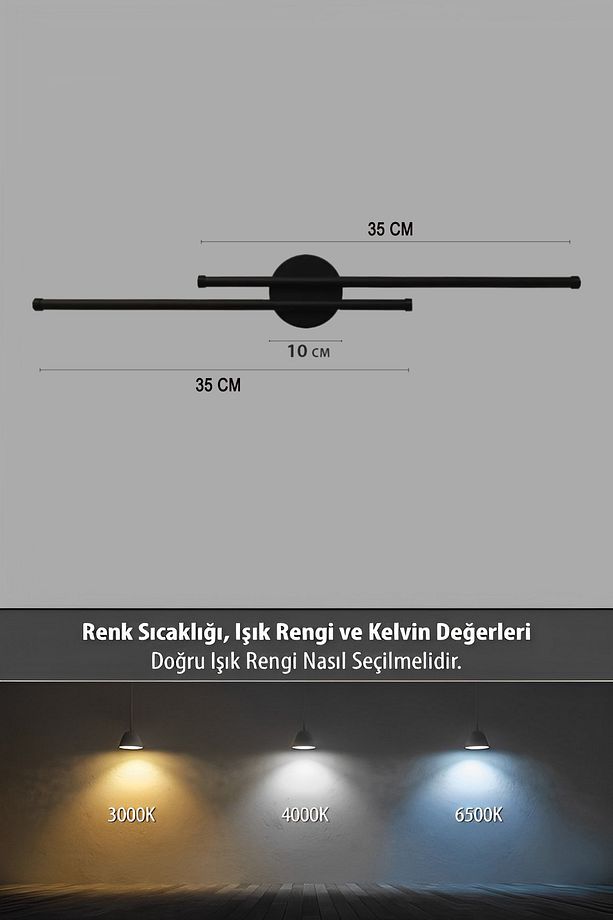 Double Çubuk Dekoratif Duvar Aplik 35cm+35cm Siyah 3000k Sarı Işık - 4
