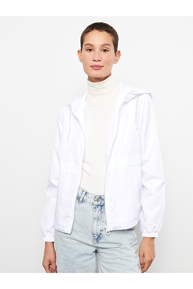 Einfarbiger, langärmliger Damen-Regenmantel mit Kapuze - 1