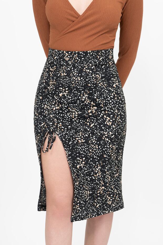 Women's Brown Black Adjustable Gathered Knitted Midi Skirt