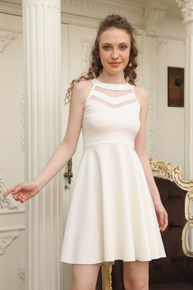 Flexible Scuba Fabric Transparent Detailed White Evening Dress White Graduation Dress 2222
