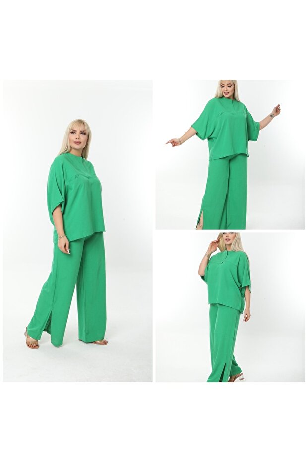 Plus Size Side Slit Comfortable Double Set with Pants Stylish Top and Bottom Set - 7