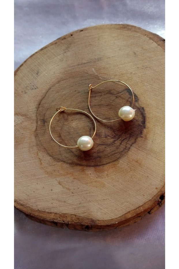Women's Gold Color Pearl Detailed Hoop Earrings