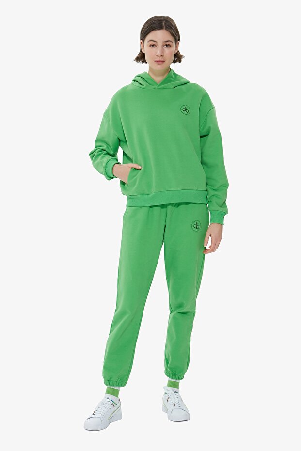 Yeşil Kapüşonlu Basic Sweatshirt - 5