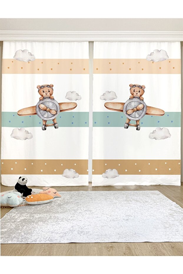 Pilot Teddy Bear Patterned Children's & Baby's Room Background Curtain (SINGLE WING PRICE)
