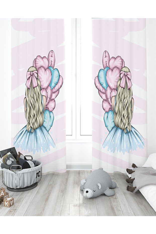 Girl Patterned Blue Children's Room Curtain - Single Wing Pricing
