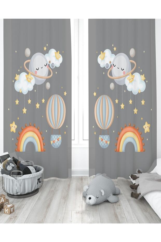 Gray Moon and Balloon Patterned Children's Room Background Curtain (Single Wing Pricing)