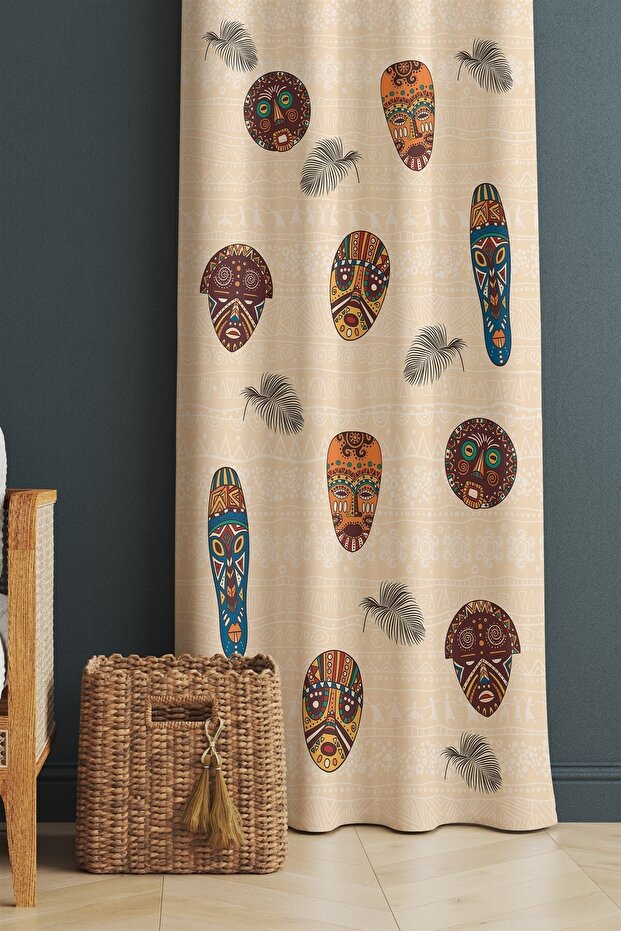 African Masks Patterned Background Curtain, Blackout Curtain (Single Wing Pricing)