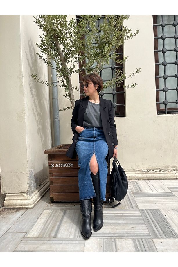 Koyu Mavi Jean Önden Yırtmaçlı Denim Kot Kalem Etek - 4
