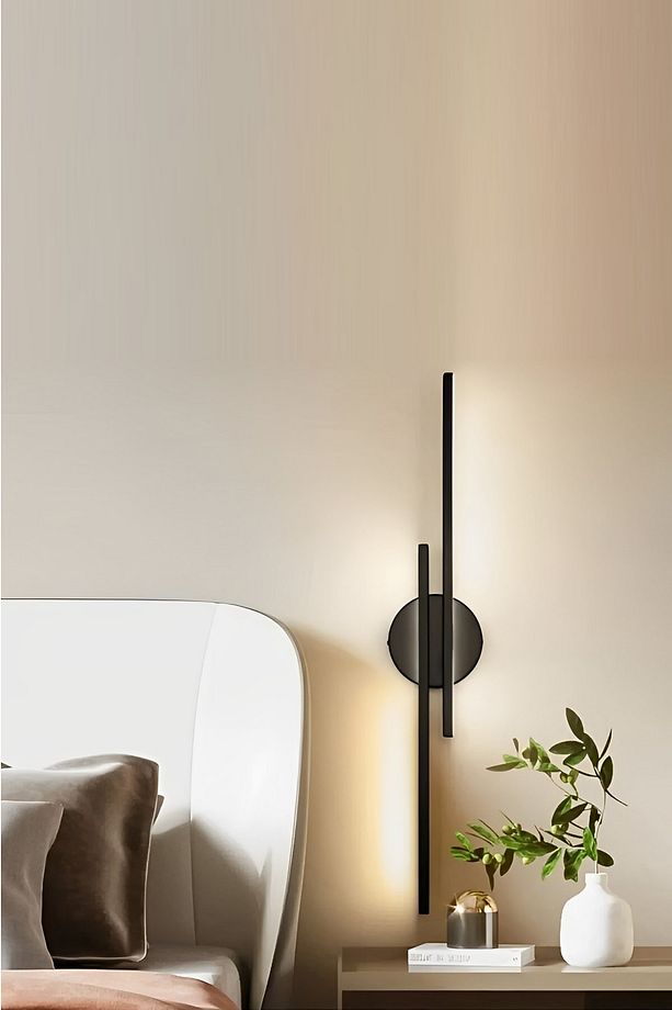 Double Çubuk Dekoratif Duvar Aplik 35cm+35cm Siyah 3000k Sarı Işık - 2