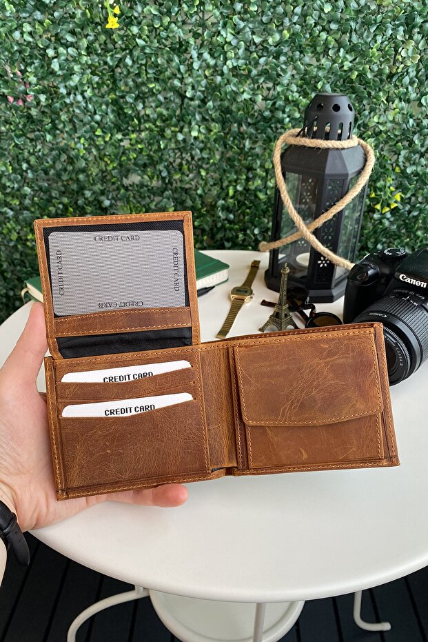 Zendar - Genuine Leather Classic Tan Men's Wallet with Coin Compartment, High-Level Handcrafted