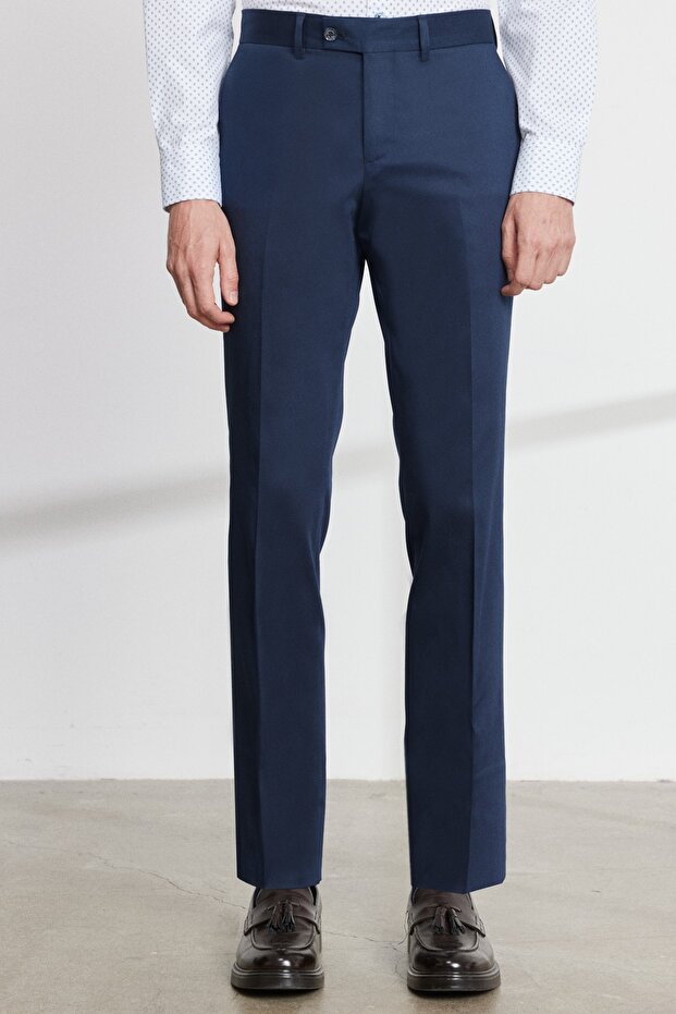 Erkek Lacivert Ekstra Slim Fit Dar Kesim Mono Yaka Diyagonal Desenli Pamuklu Conte Takım Elbise - 6