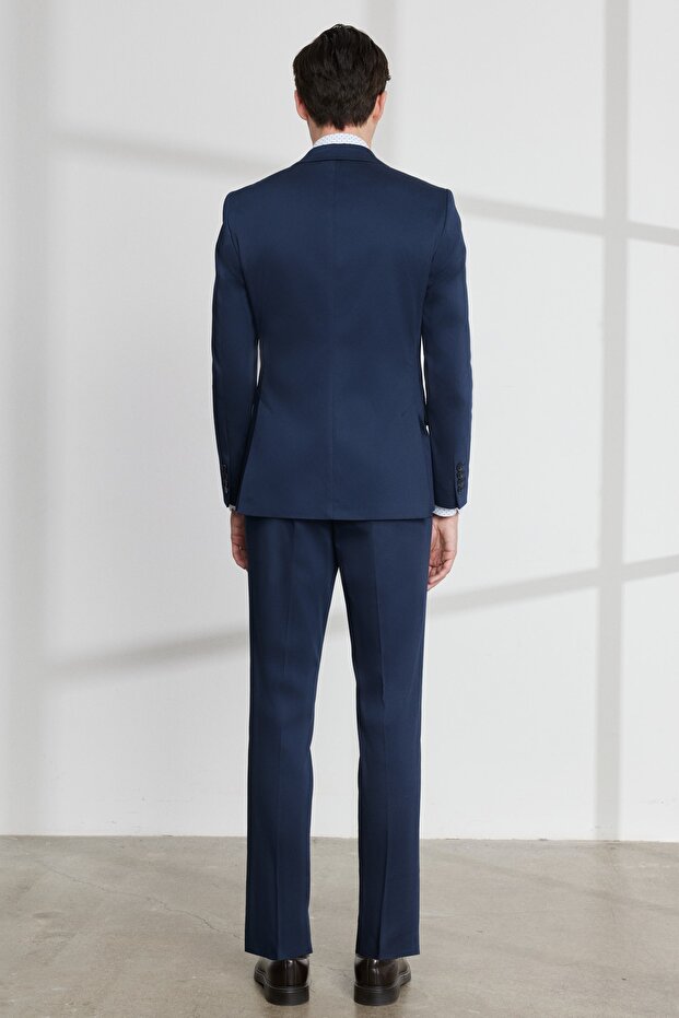 Erkek Lacivert Ekstra Slim Fit Dar Kesim Mono Yaka Diyagonal Desenli Pamuklu Conte Takım Elbise - 7