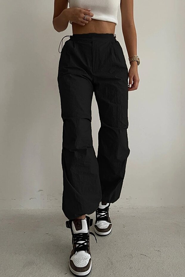 Black Tactical Adjustable Waist Parachute Fabric Pants
