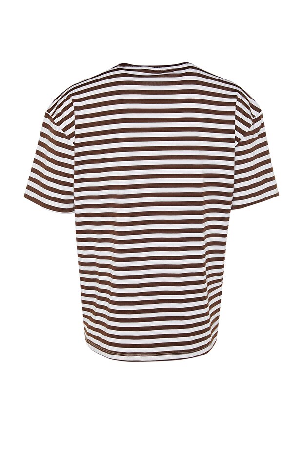 Açık Kahverengi Oversize/Geniş Kesim Çizgili Bisiklet Yaka Kısa Kol T-Shirt TMNSS20TS0511 - 7