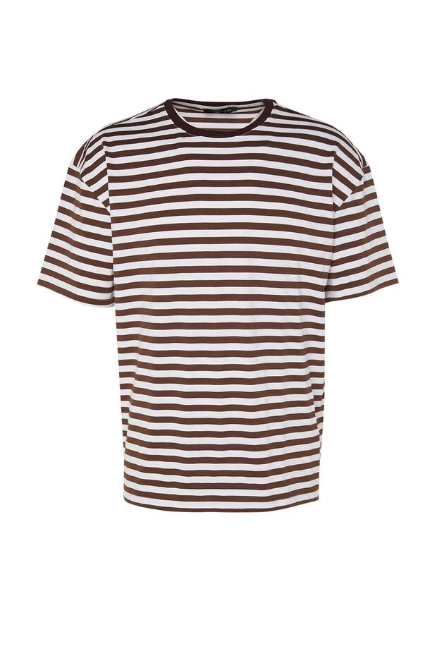 Açık Kahverengi Oversize/Geniş Kesim Çizgili Bisiklet Yaka Kısa Kol T-Shirt TMNSS20TS0511 - 8