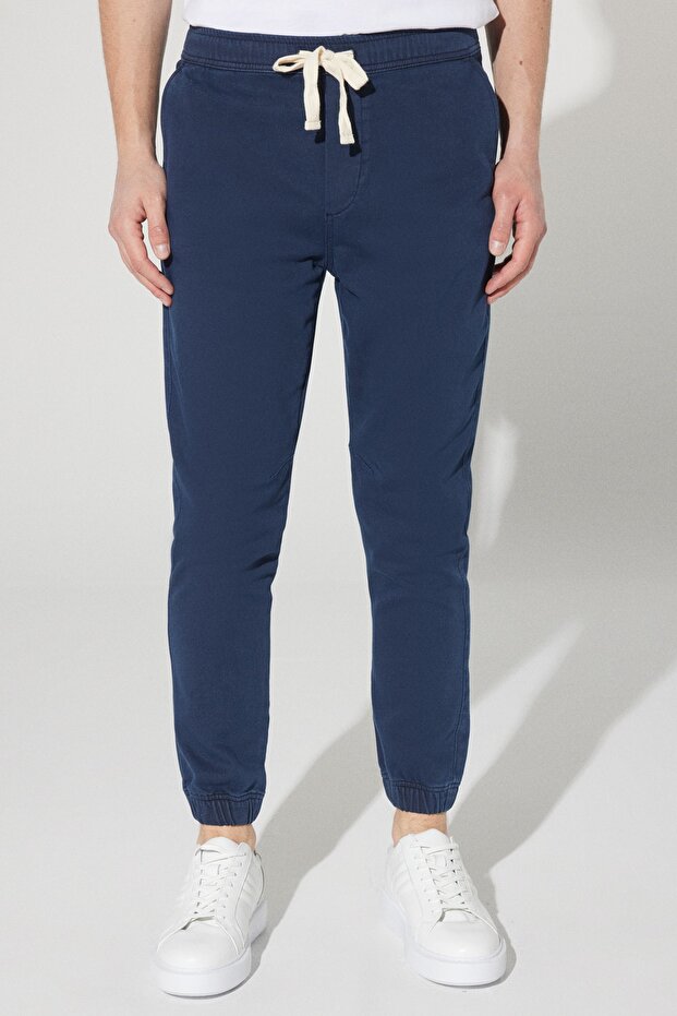Men's Navy Blue Slim Fit Slim Fit Side Pocket Cotton Tie Waist Flexible Jogger Pants