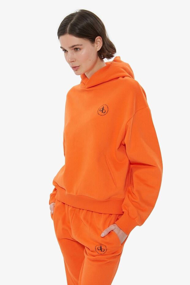 Turuncu Kapüşonlu Basic Sweatshirt - 7