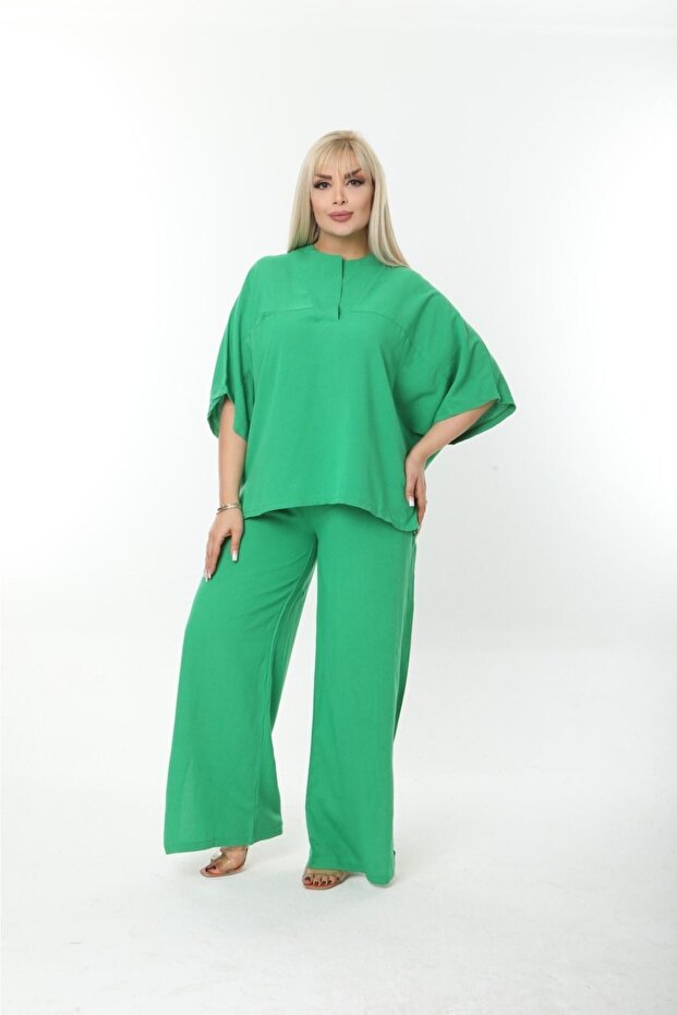Plus Size Side Slit Comfortable Double Set with Pants Stylish Top and Bottom Set - 2