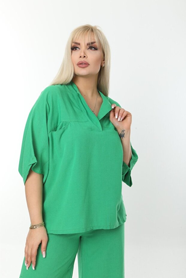 Plus Size Side Slit Comfortable Double Set with Pants Stylish Top and Bottom Set - 3