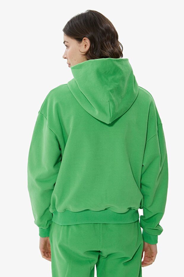 Yeşil Kapüşonlu Basic Sweatshirt - 7