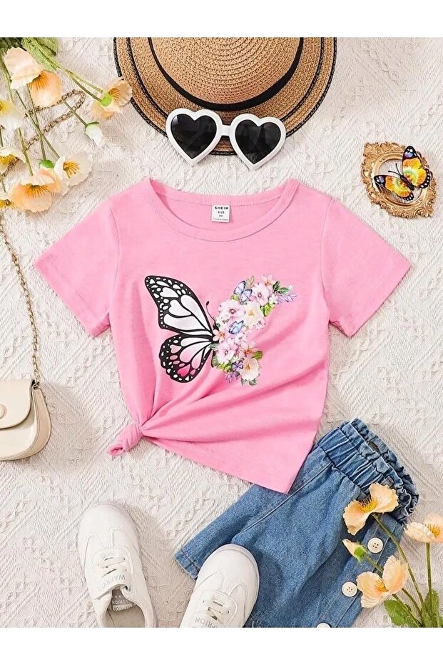 Kids Floral Butterfly Printed White Children's T-shirt