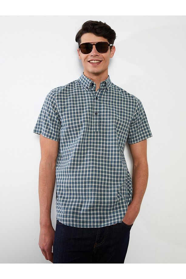 Regular Fit Kısa Kollu Ekose Poplin Erkek Gömlek - 2
