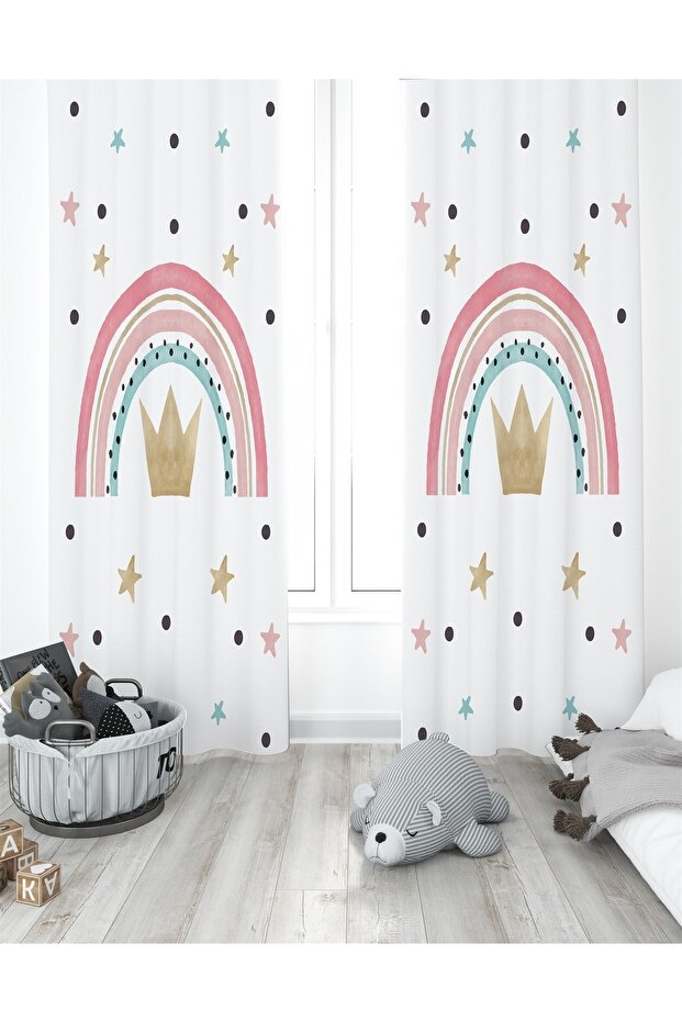 Crowned Rainbow Patterned Children's Room Background Curtain
