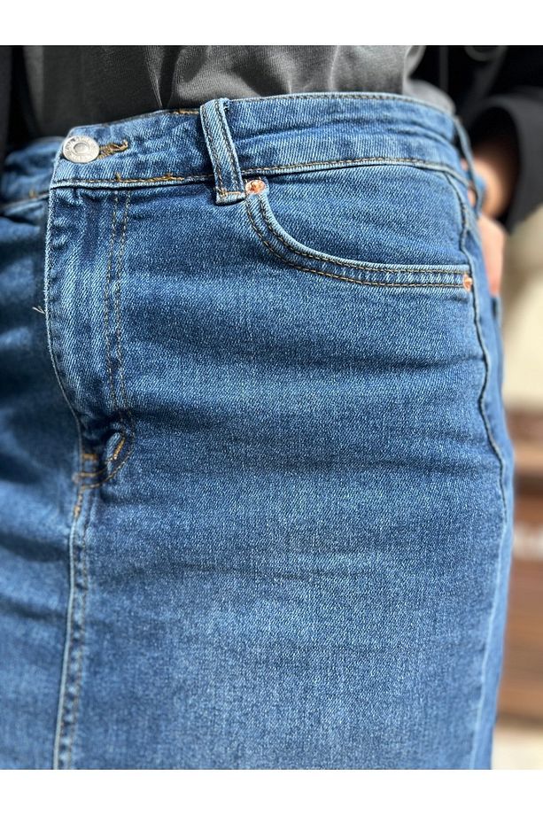 Koyu Mavi Jean Önden Yırtmaçlı Denim Kot Kalem Etek - 6