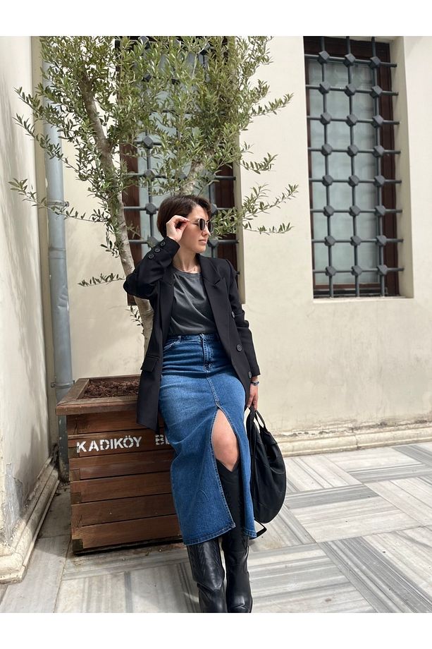 Koyu Mavi Jean Önden Yırtmaçlı Denim Kot Kalem Etek - 8