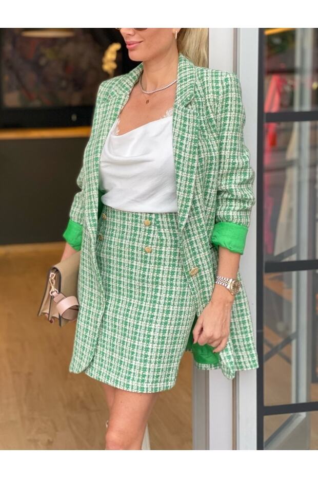 Women's Tweed Fabric Jacket and Skirt Set Grass Green