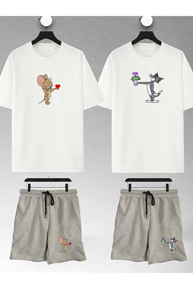 Unisex Women Men Floral Tom And Jerry Printed Lover Couple Combination Design Oversize Tshirt And Shorts